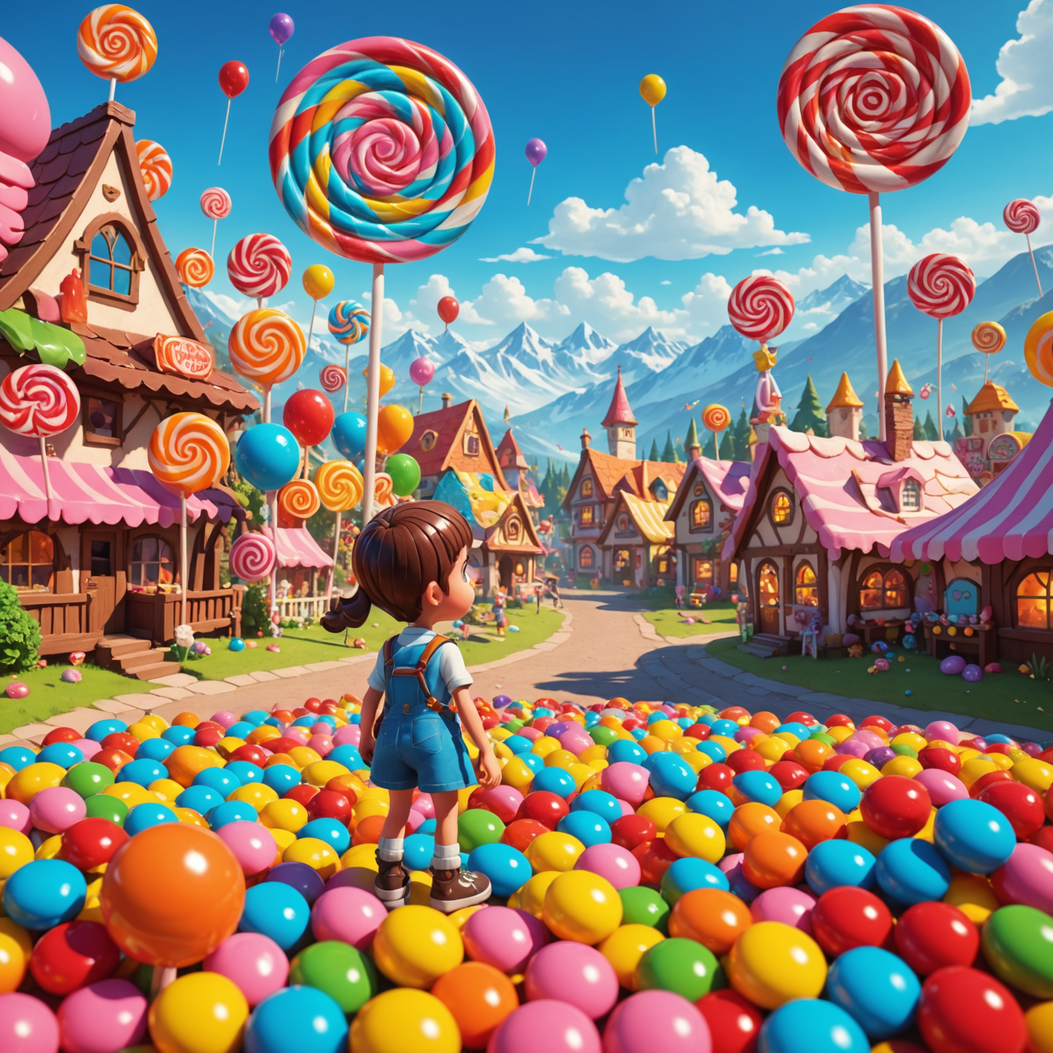 Sweet Bonanza oyunundan bir sahne: Renkli şekerlerle dolu, karamelli platformların bulunduğu fantastik bir manzara. Ön planda sevimli karakter, arka planda devasa lolipoplar ve şeker dağları görünüyor.