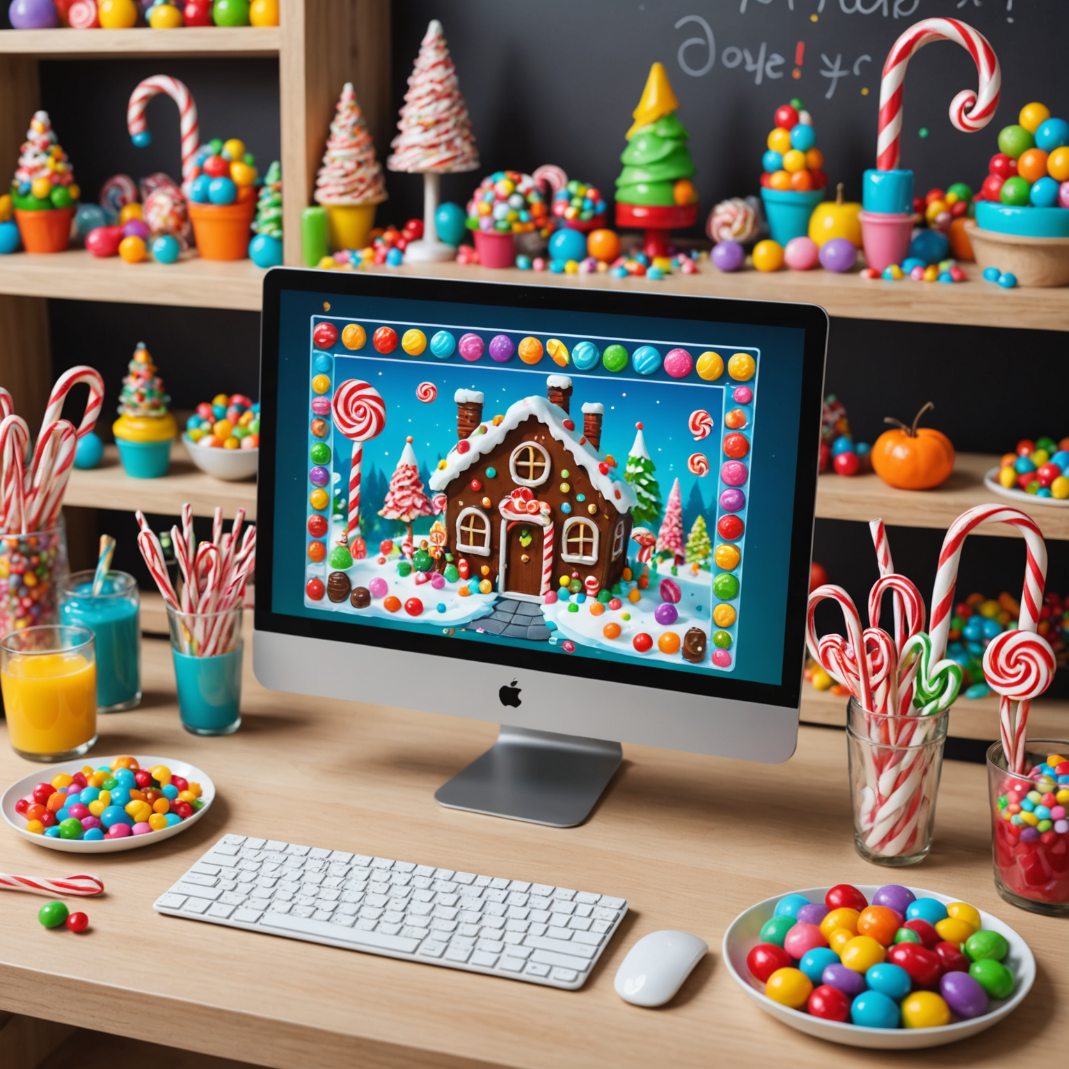 Bir seviye tasarımcısı, Sweet Bonanza'nın renkli ve şekerli dünyasını bilgisayar ekranında tasarlarken. Ekranda, şeker kamışları, lolipoplar ve jöle fasulyeleriyle dolu bir platform seviyesi görünüyor.