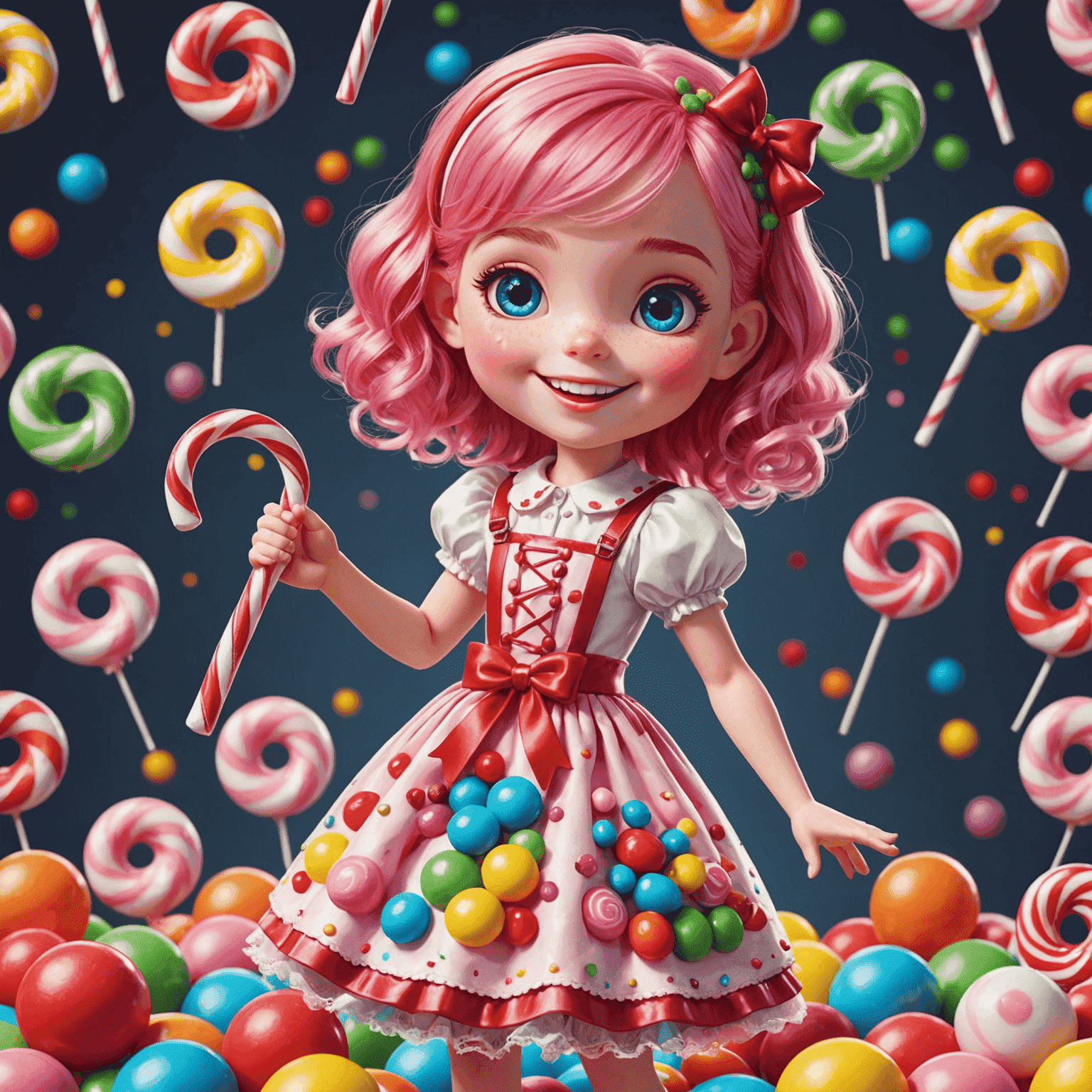 Sweet Bonanza'nın ana karakteri: Pembe saçlı, şeker çubuklu bir kız. Üzerinde renkli şekerlemelerle süslenmiş bir elbise var. Yüzünde neşeli bir gülümseme ile etrafına şeker saçıyor.