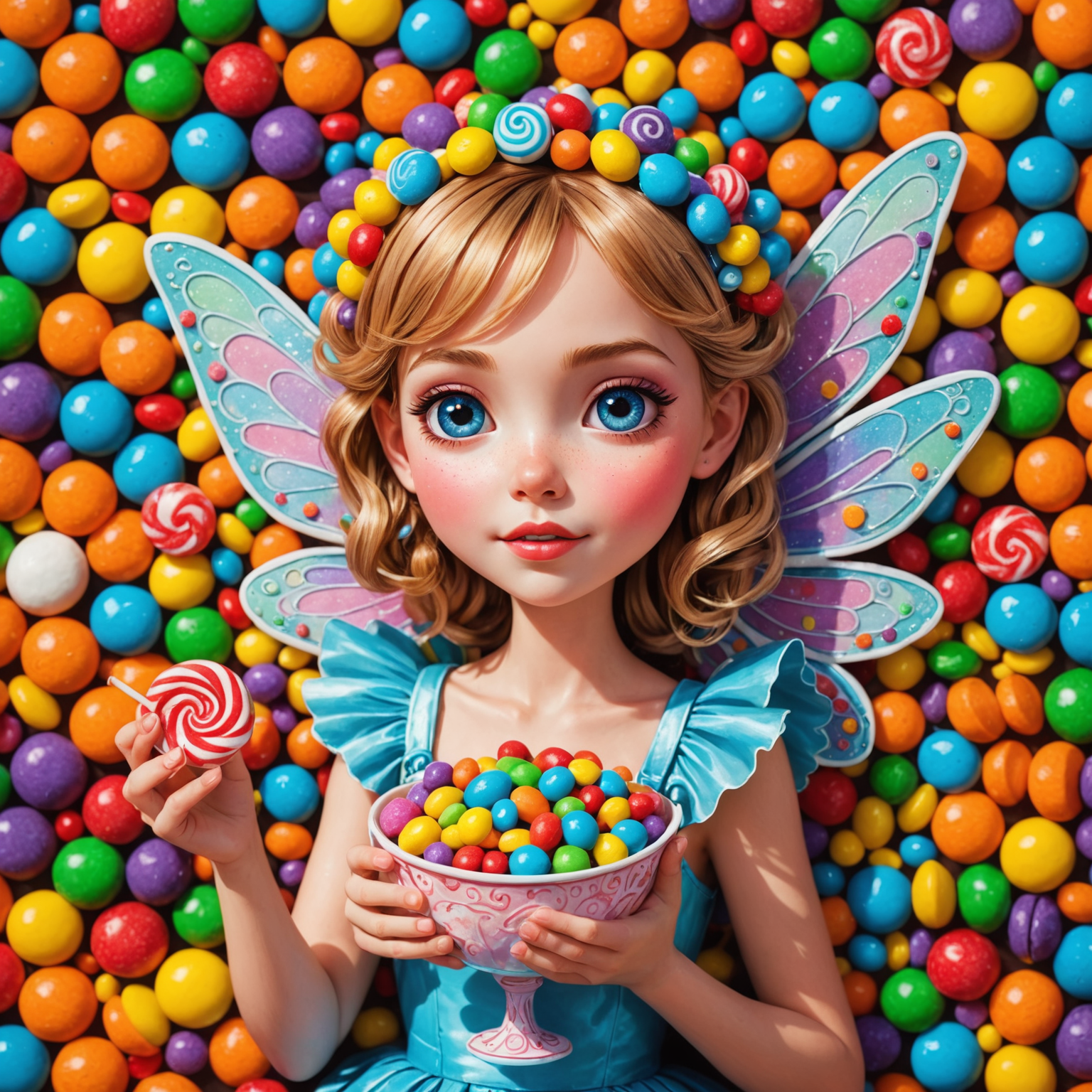 Sweet Bonanza'nın ana karakteri olan şeker perisi, renkli şekerlerle çevrili olarak el çizimi tarzında resmedilmiş.