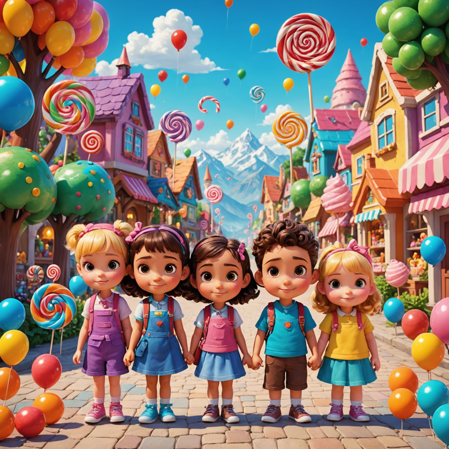 Sweet Bonanza'nın ana karakterleri yan yana dizilmiş. Her biri farklı şekerleri temsil eden renkli ve sevimli karakterler. Arka planda şeker dağları ve lolipop ağaçları görünüyor.