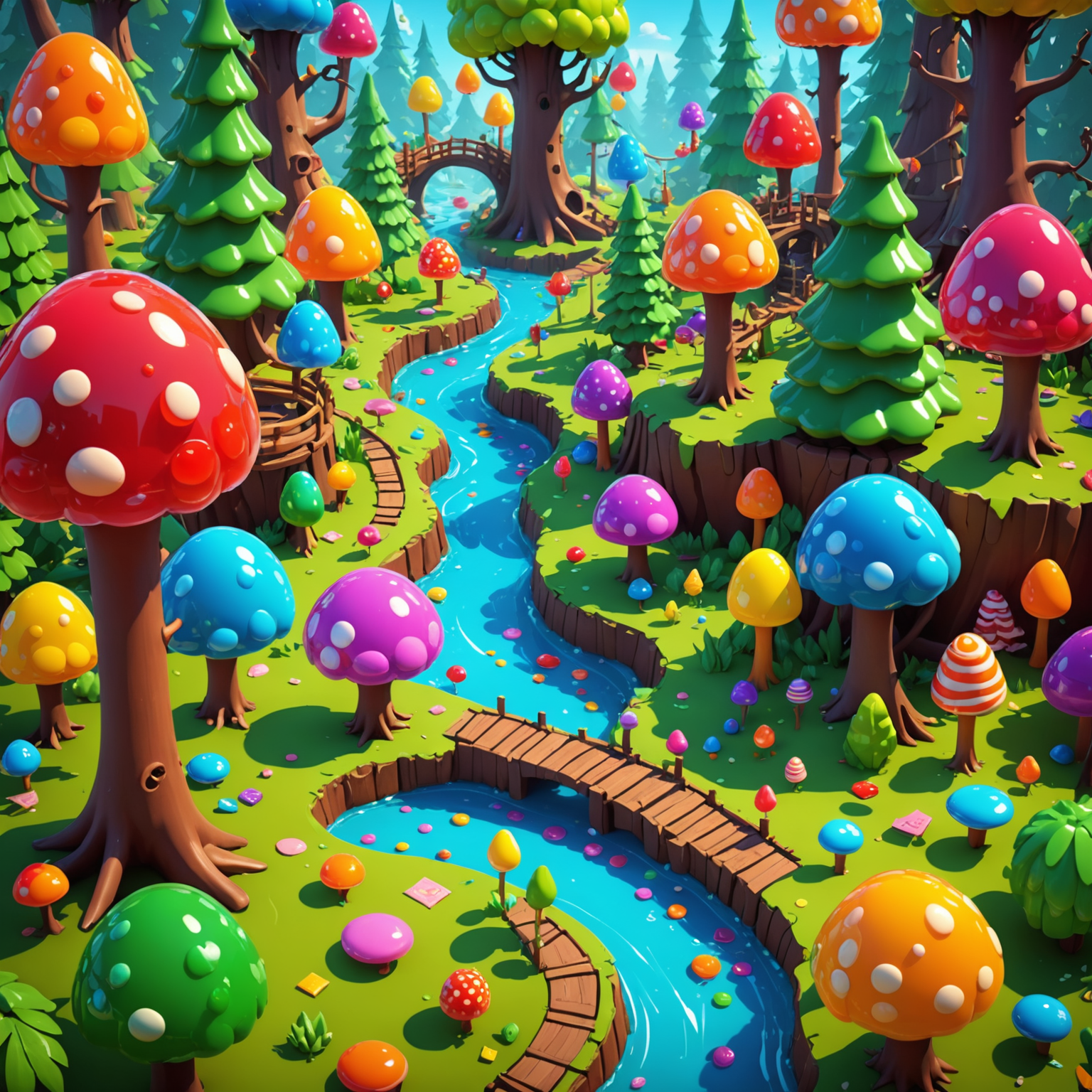 Sweet Bonanza'nın ünlü 'Jelatin Ormanı' seviyesinin 3D modellemesi. Renkli jöle ağaçlar ve şeker yollar görünüyor.